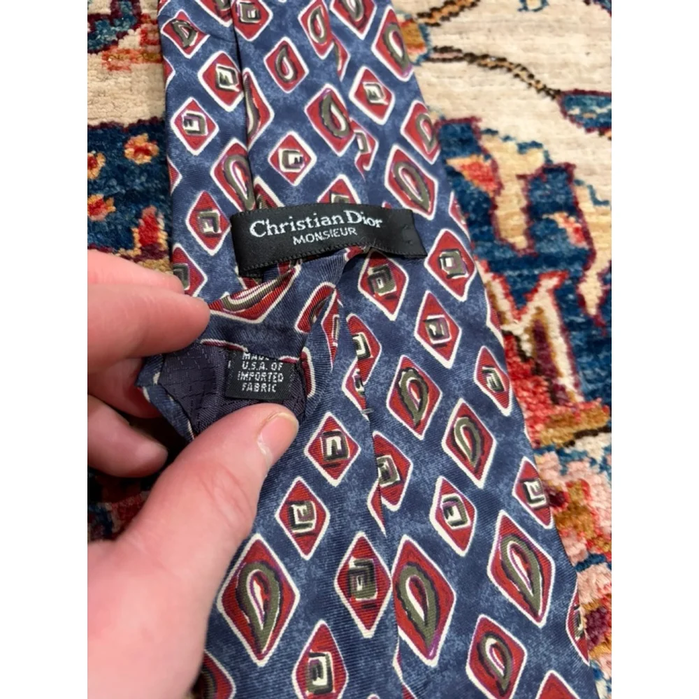 Christian Dior Monsieur Silk Tie Blue Red Geometric Made USA Vintage Neckwear